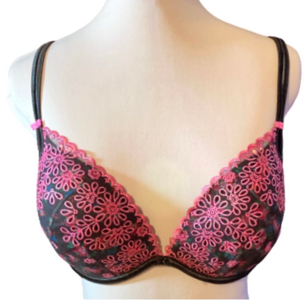 Victoria’s Secret Sexy Little Things Black FloralPink Embroidered Lace Bra. 34 B